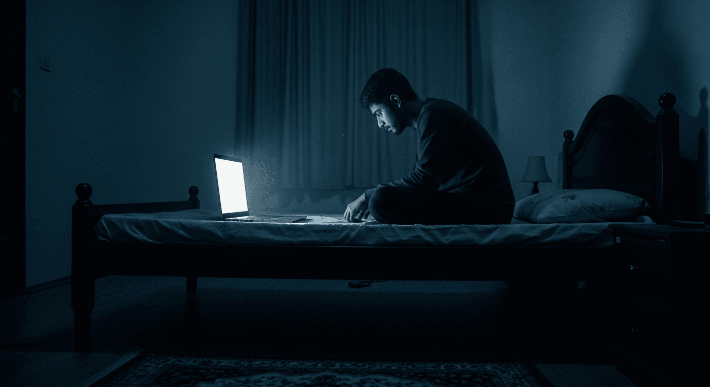 Dim bedroom with laptop